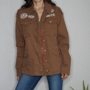 Brown Oversized Jean Jacket with Patches Zipper & Snap Button Closure Size M